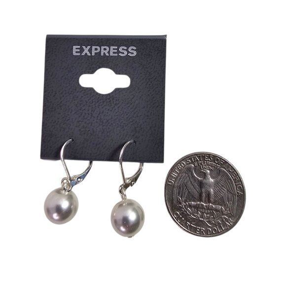 Express Silver-Tone Faux Pearl‎ Drop Earrings For Women Leverback Closure - Picture 4 of 5